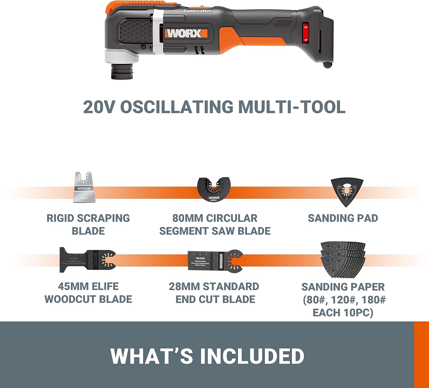 Detalle de WORX WX696.9 Sonicrafter cordless oscillating multi-tool (18V/20V Max) with variable speed