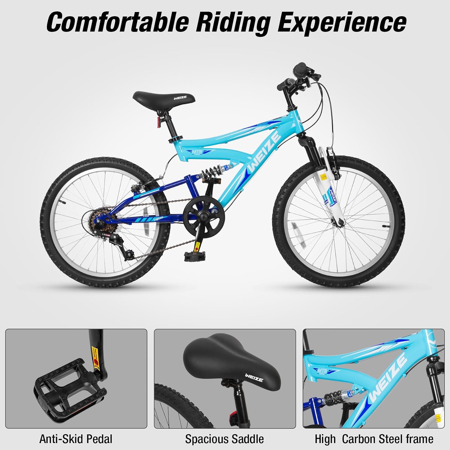 Detalle de WEIZE Kids Mountain Bike, 20- or 24-Inch, Steel Frame, Dual Suspension