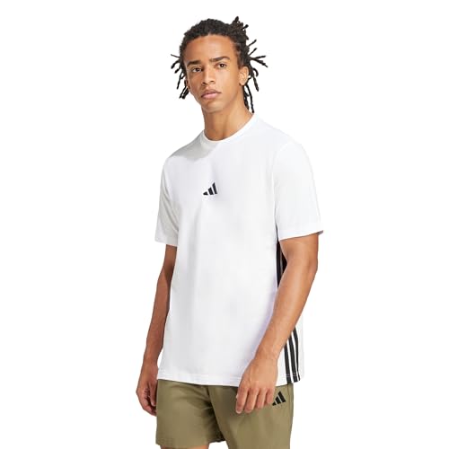 Thumbnail 4 de adidas Uomo Essential Three Stripes Single Jersey camiseta de algodón con tres rayas, cuello redondo (White/Black, L)
