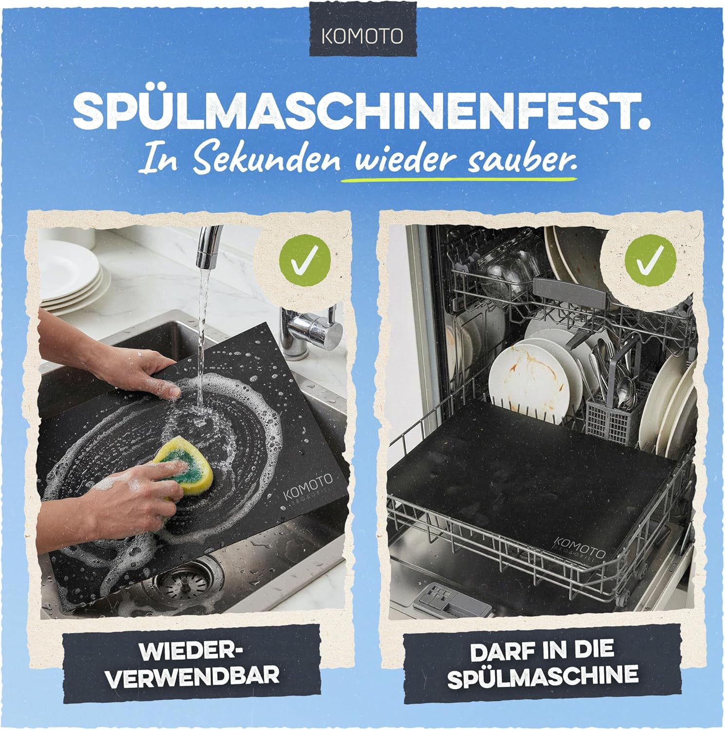 Detalle de KOMOTO BBQ Grillmatte (6er Set) 50 x 40 cm, extra dick – für Gas- und Holzkohlegrill
