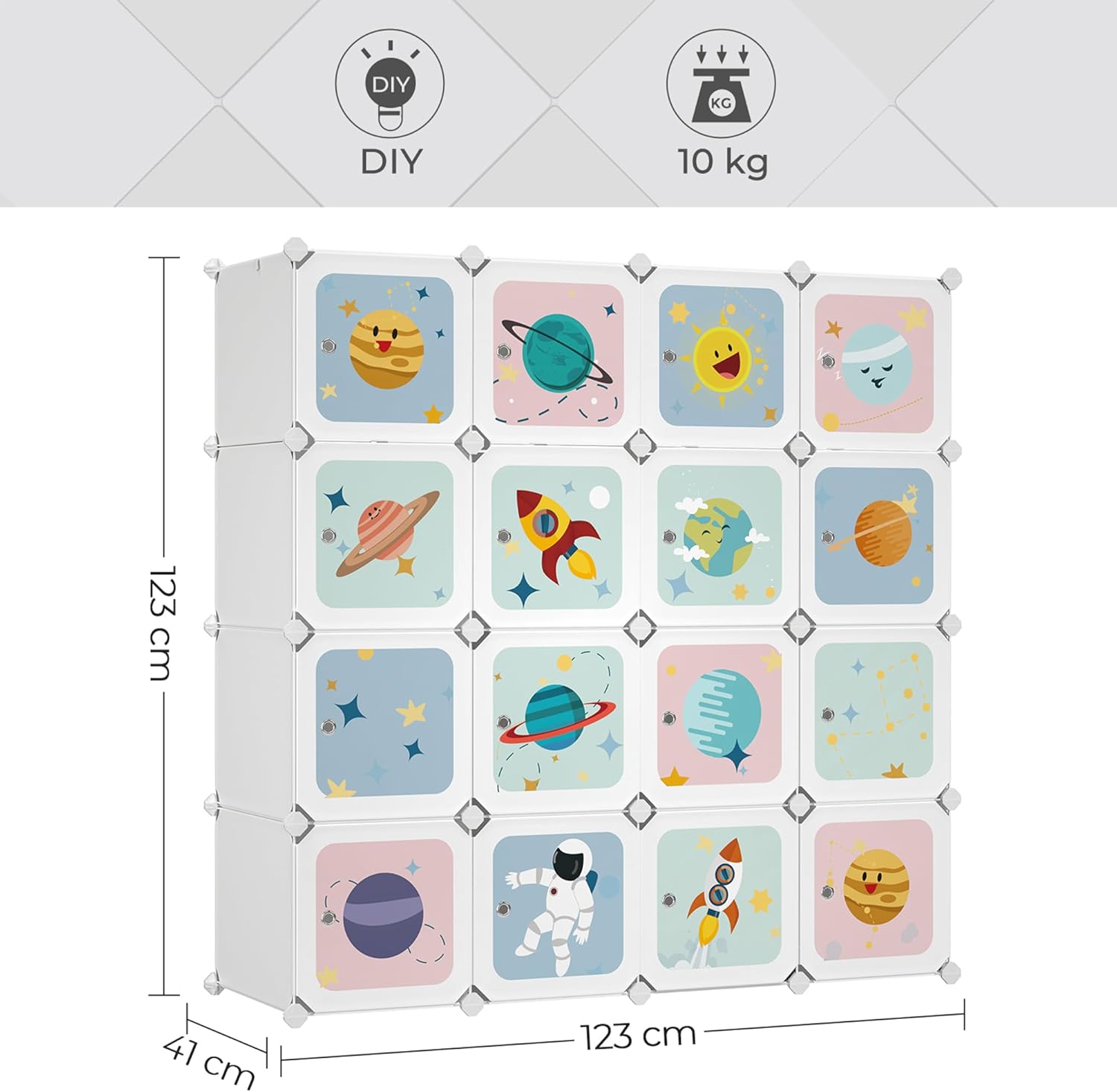 Detalle de SONGMICS Armadio modulare per bambini con 16 scomparti e 4 barre appendiabiti (LPC905W01), bianco