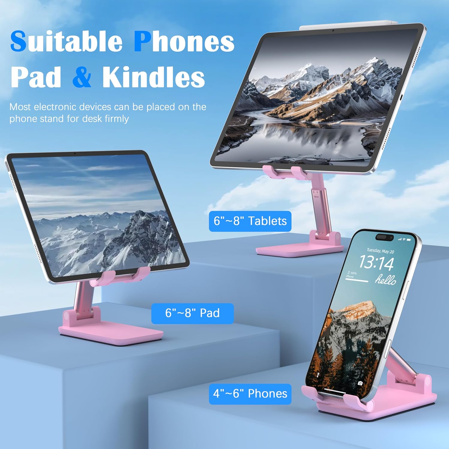 Detalle 2 de HZZADZXW HZZADZXW001 Adjustable Cell Phone Stand, Foldable, Pink, 4–8 Inch