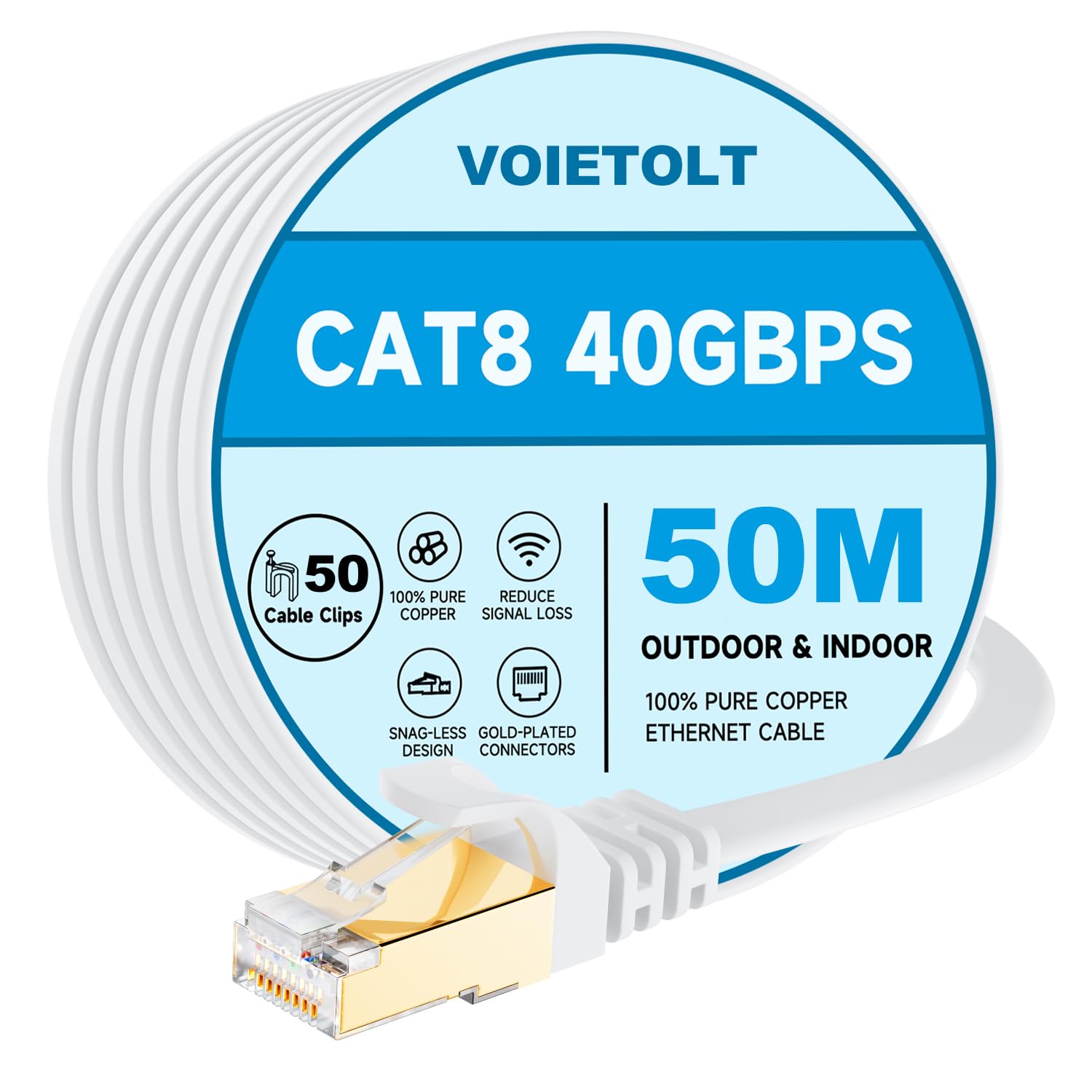 Detalle de VOIETOLT Cat8 Ethernet Cable 50M: 40Gbps, 2000MHz, STP RJ45 – White