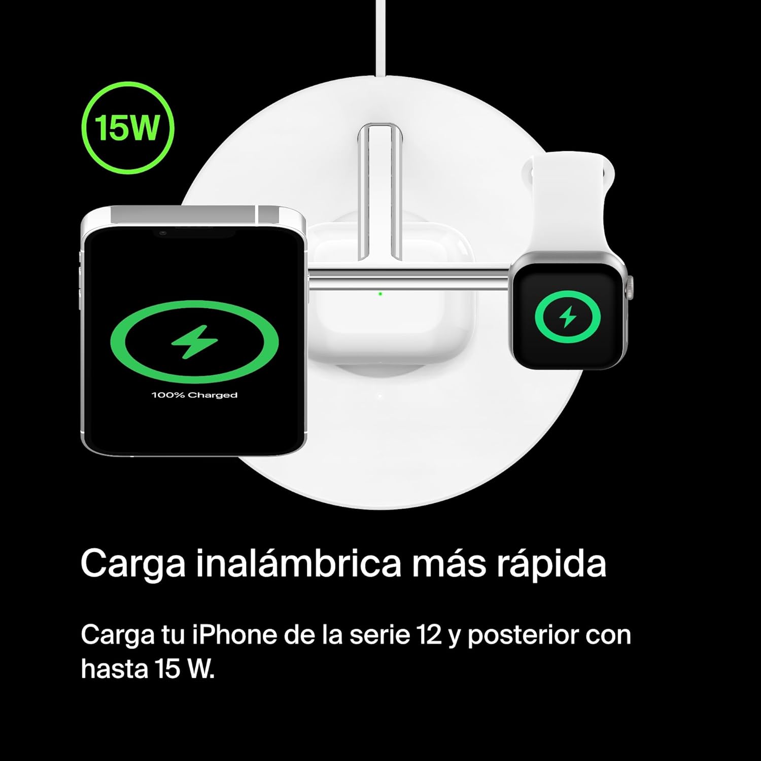 Detalle 2 de Belkin MagSafe 3 en 1: Cargador Rápido para iPhone, Apple Watch y AirPods ⚡