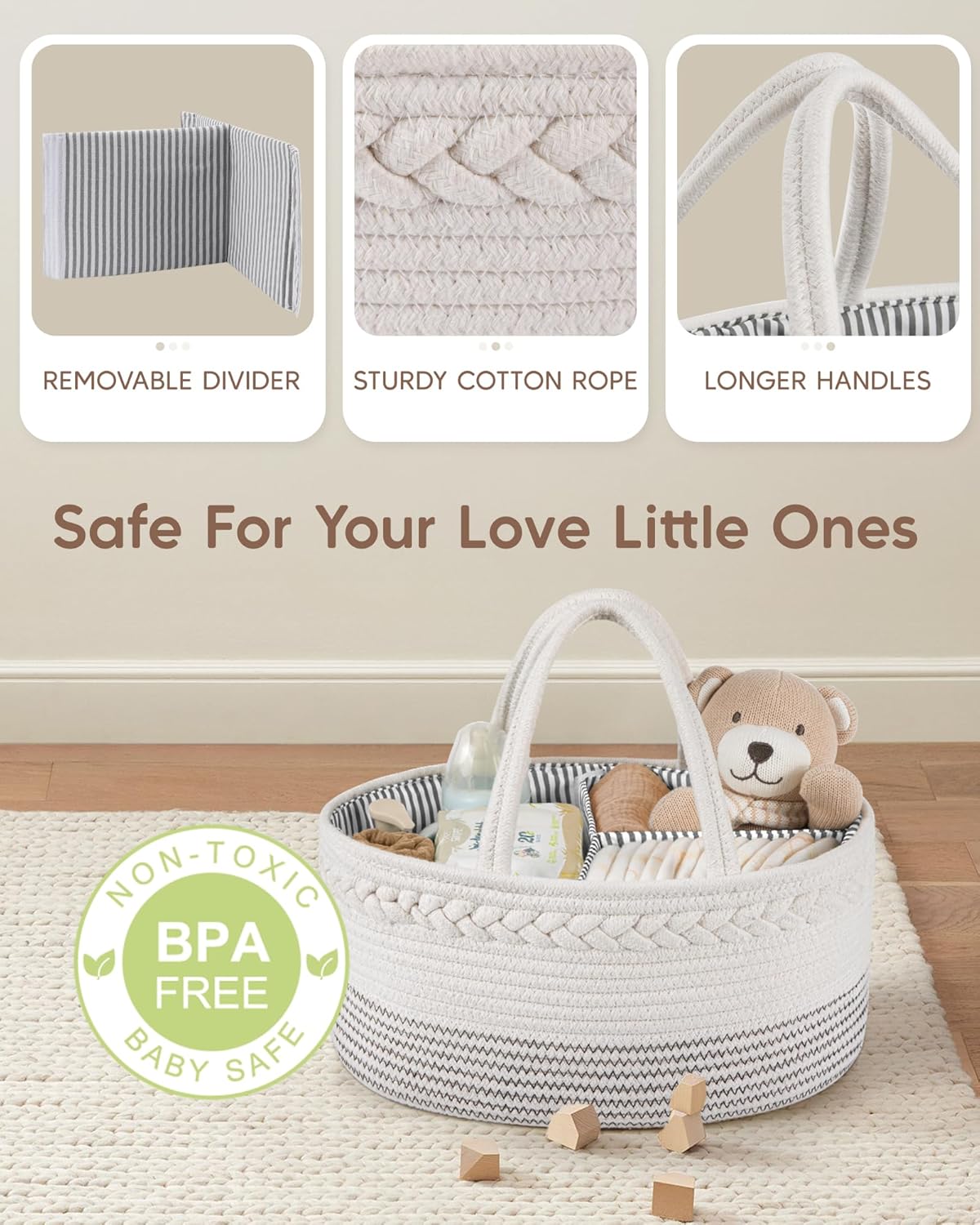Detalle de Maliton Nappy Caddy, Cotton Rope with Removable Dividers – White & Wavy, 36×22×18 cm