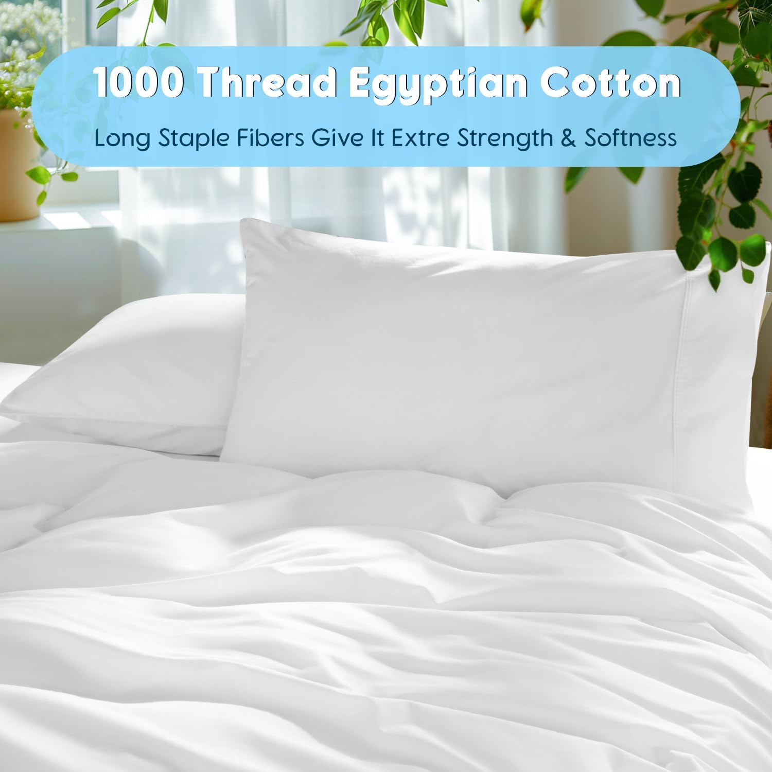 Thumbnail 2 de SONORO KATE 100% Egyptian Cotton Sheets Set, King Size – Extra Deep Pocket, 1000 Thread Count, White