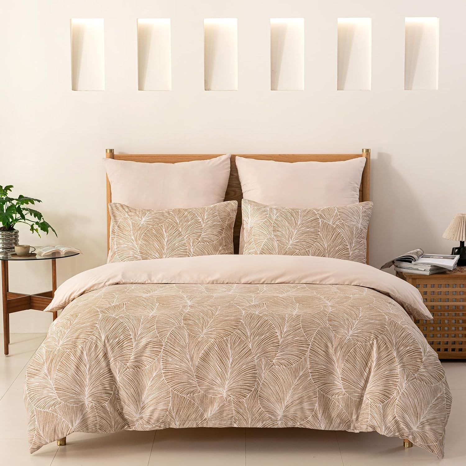 Thumbnail 2 de Tokokimo Beige Double Duvet Cover Set (Tropical Leaves) with 2 Pillowcases, Soft Microfibre, 200x200 cm