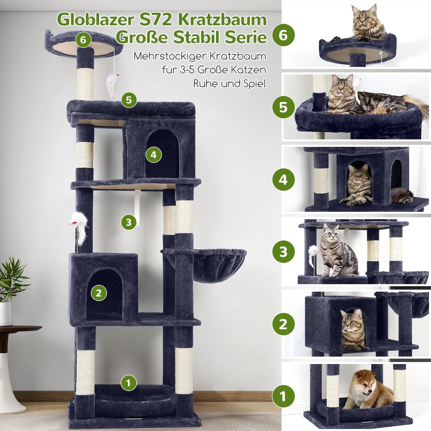 Detalle de Globlazer Kratzbaum für Maine Coon – 183 cm hoch mit Großem Katzenhaus, Plattformen & Kippschutz (Rauchgrau)