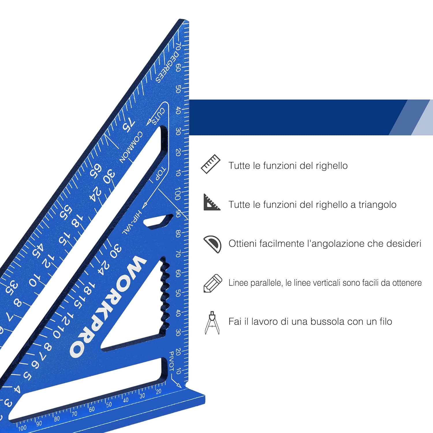 Detalle 2 de WORKPRO Squadra da falegname multifunzione 180 mm – Righello triangolare in alluminio, 45°-90°, blu
