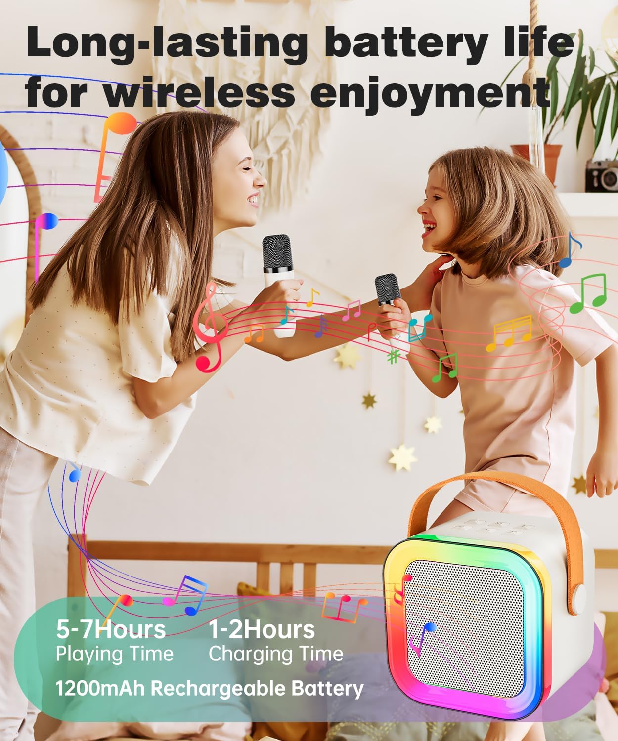 Detalle 2 de Mini Karaoke Machine Speaker for Kids & Adults (Off-White, 2 Mic) – Portable Bluetooth Karaoke System