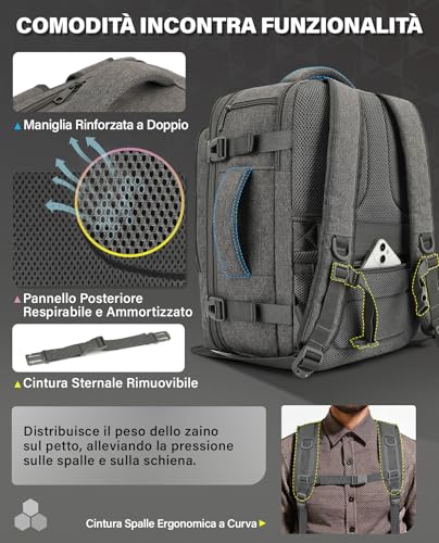 Detalle 2 de VANKEV Zaino da viaggio espandibile 40x30x20, 24-30 L, grigio