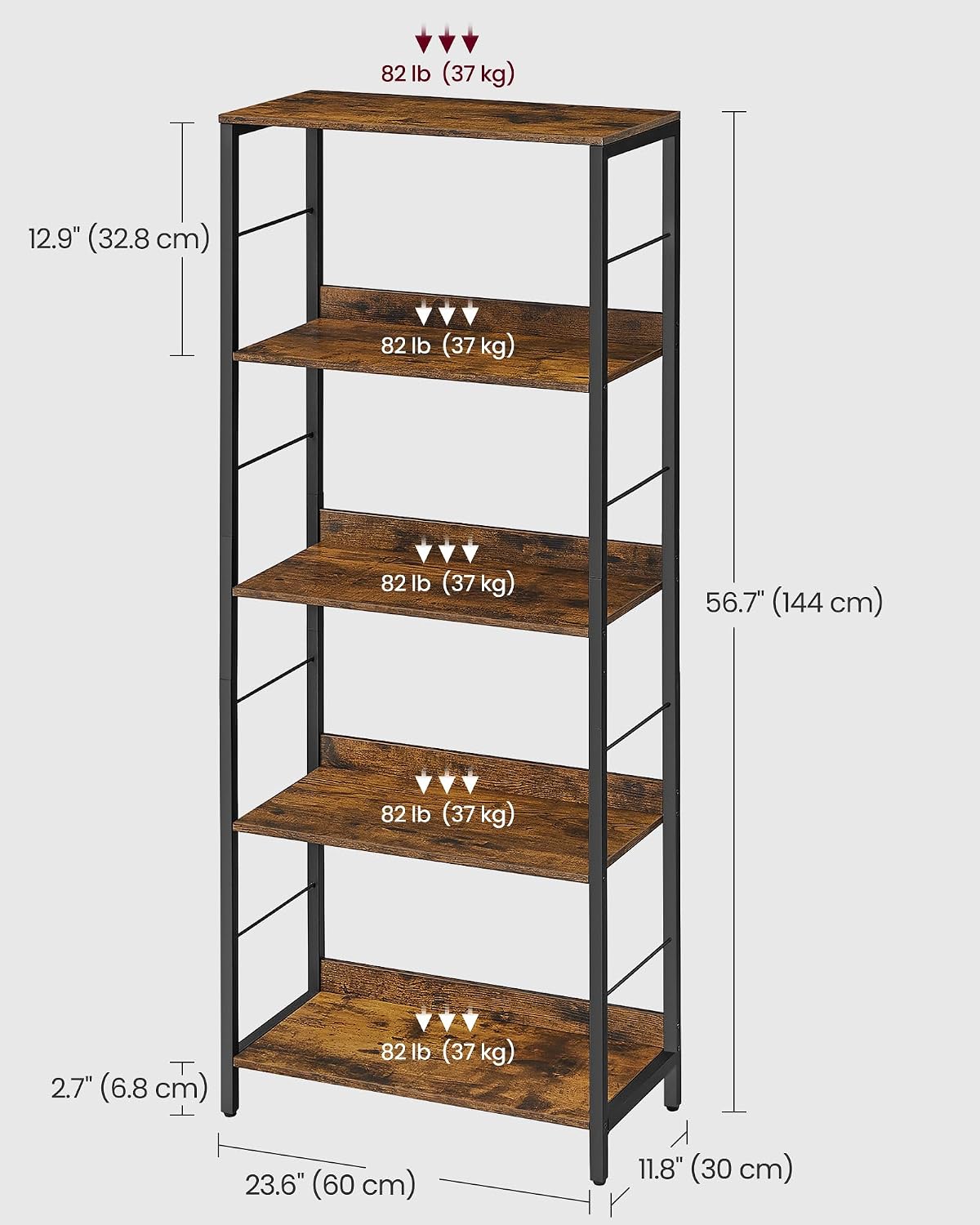 Thumbnail 6 de VASAGLE BARNET LLS117B01 5-Tier Bookcase with Back Panels, 60 x 30 x 144 cm