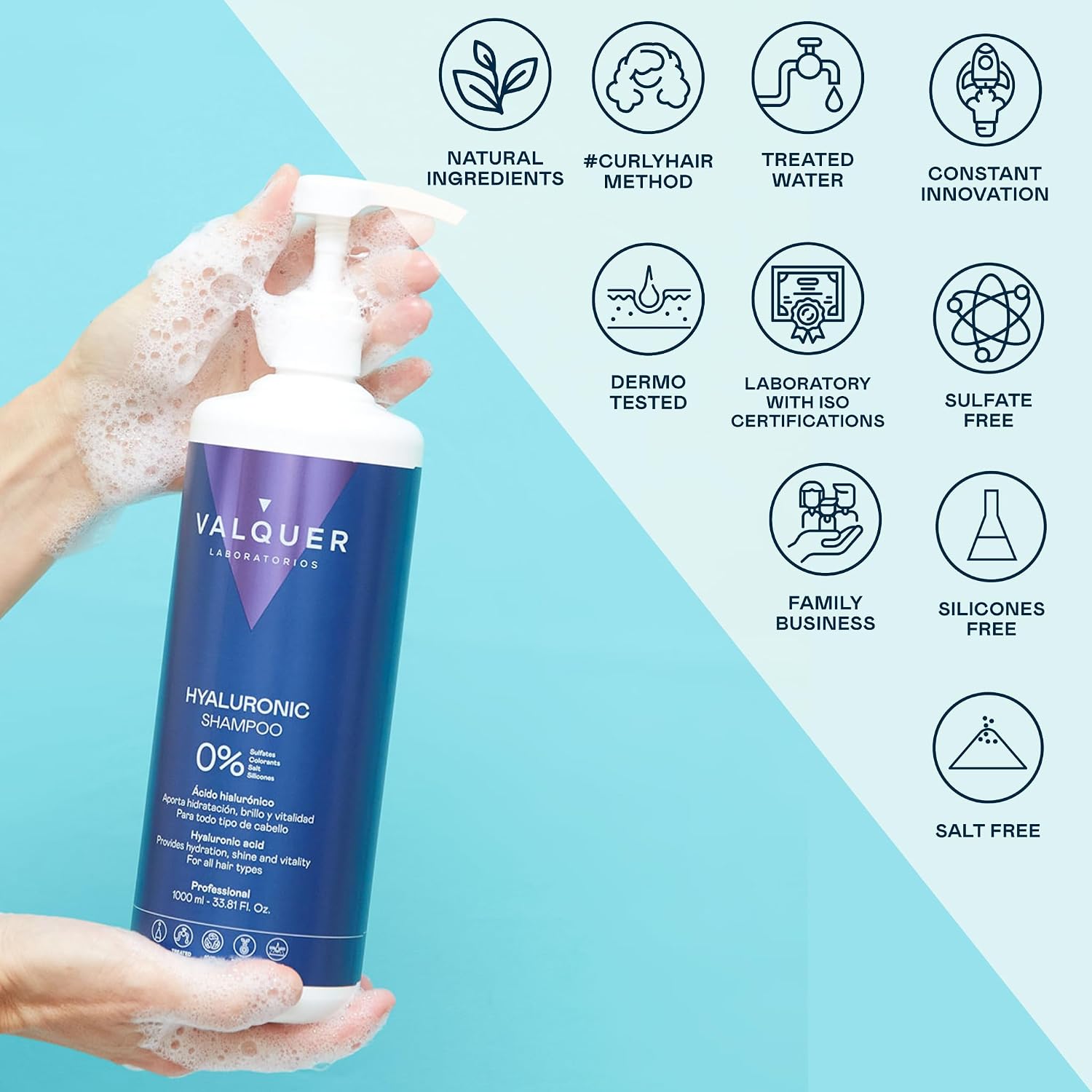 Detalle 2 de Valquer Hyaluronic Acid Shampoo, 1 L, with Vegetable Keratin and a Sulphate-Free Formula