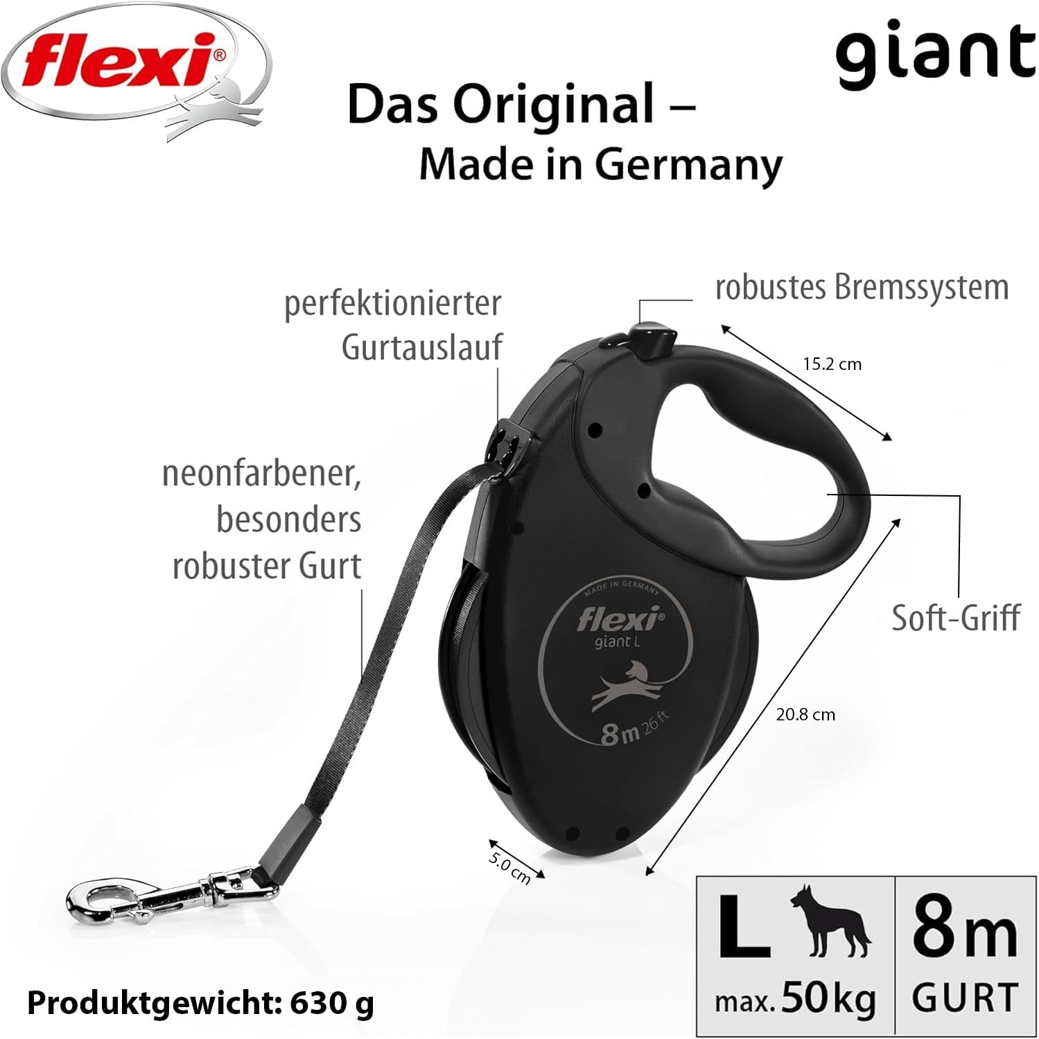 Detalle de flexi Giant Black Edition L – 8 m Gurt Roll-Leine für Hunde bis 50 kg, schwarz