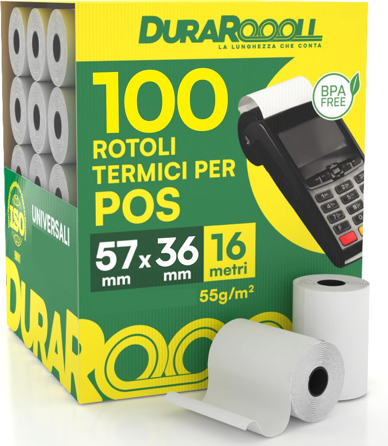Detalle de 40 rotoli carta termica per POS 57x36 DuraRoooll, rulli per scontrini (16 m) compatibili con Nexi, SumUp, Pax, Axerve e Ingenico