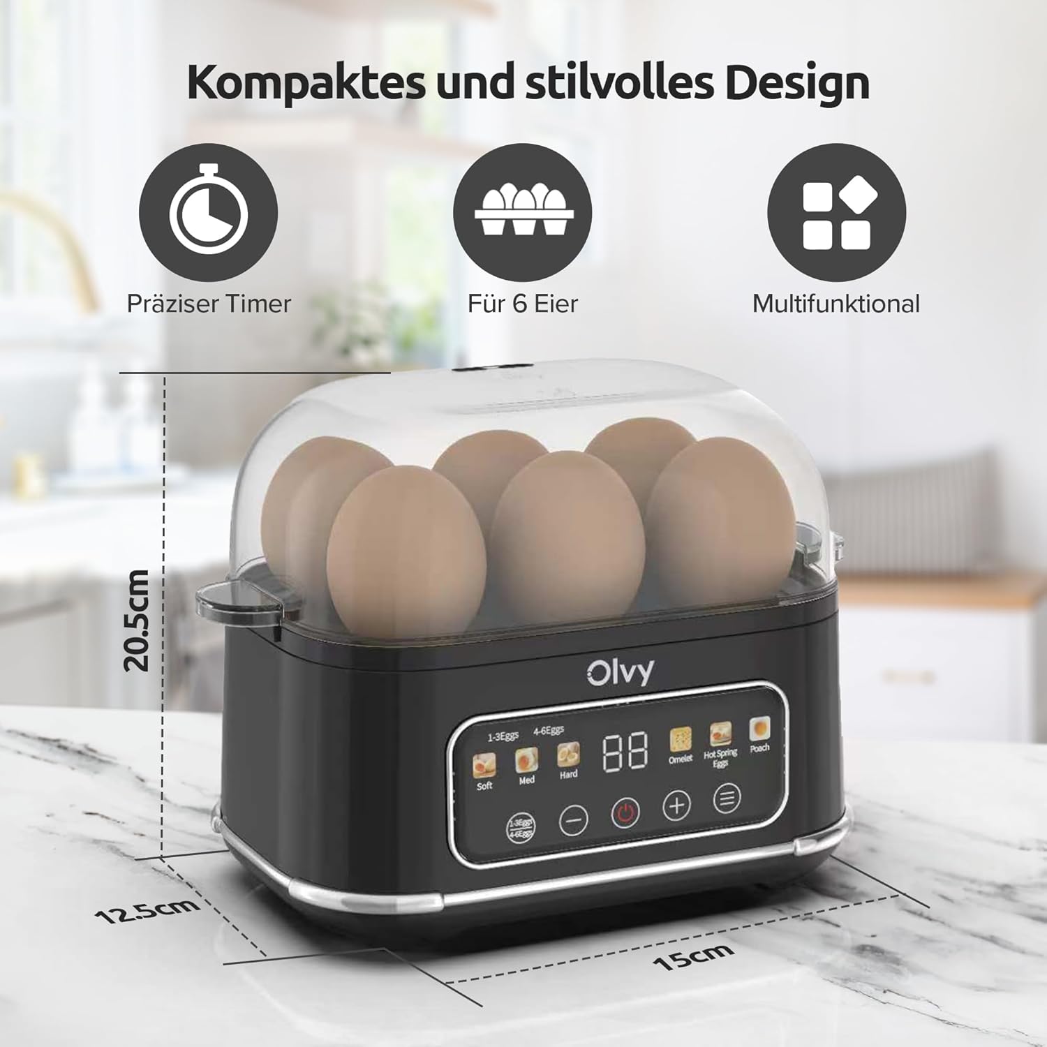 Thumbnail 1 de Olvy automatischer Eierkocher für 6 Eier (6-in-1) mit LCD-Timer und Dampfgarer
