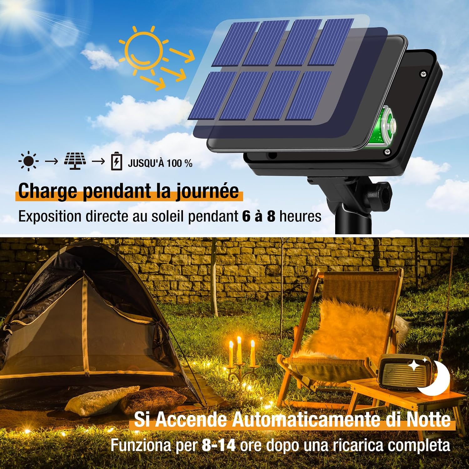 Detalle de Lot de 2 Guirlandes Solaires Extérieures Totale 16 m – 160 LED Blanc Chaud, Étanches, 8 Modes, pour Jardin et Fête