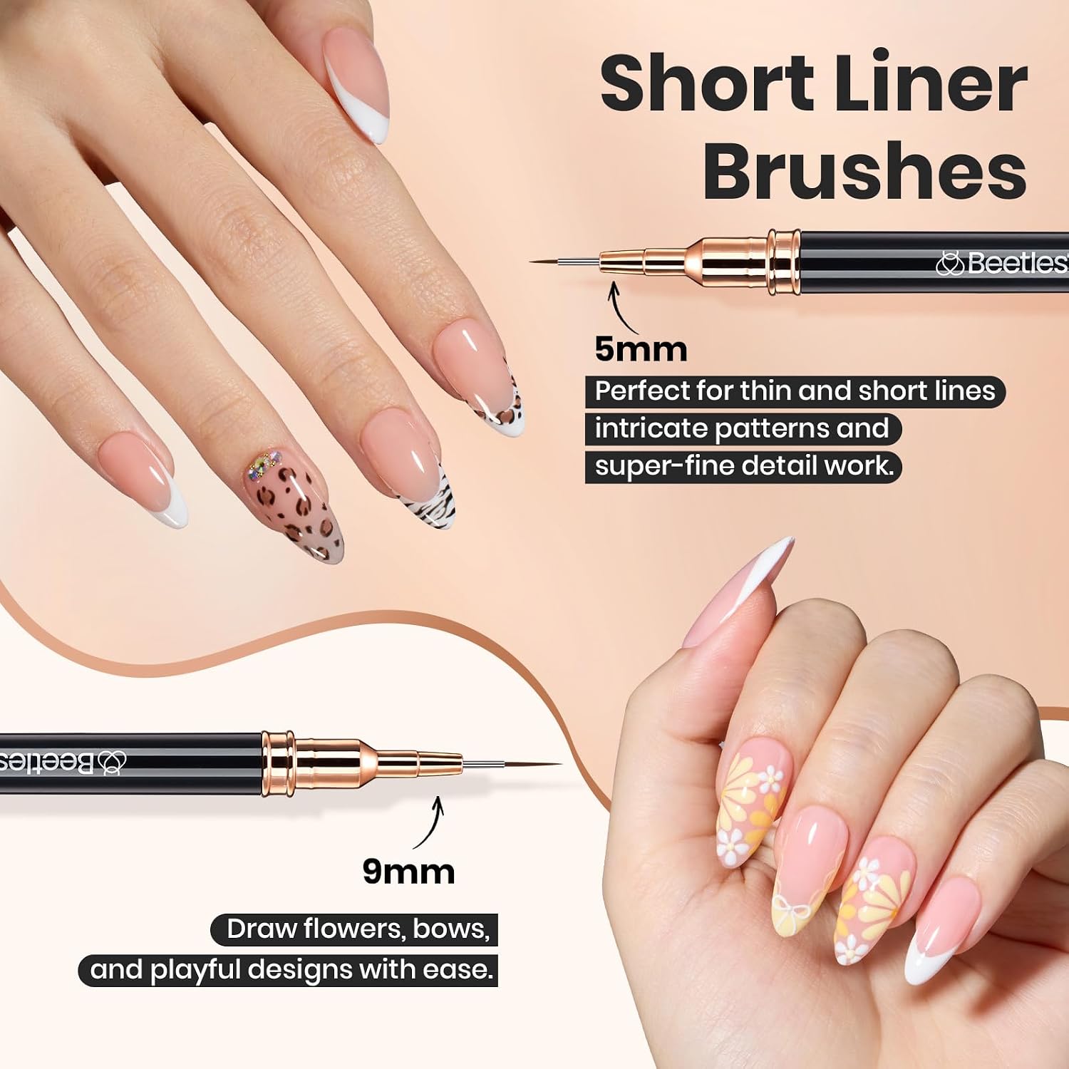 Detalle de Beetles Liner Brushes for Nails (5pcs) — Metallic Nail Art Liner Pens, 5 Lengths for Fine Lines
