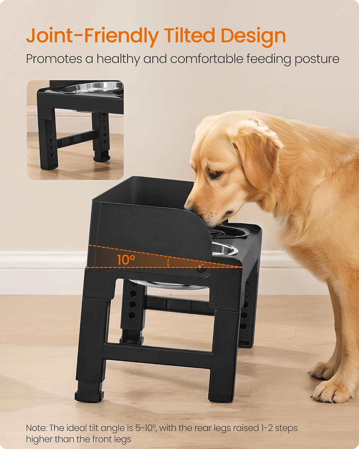 Detalle de Feandrea Raised Dog Bowls with Stand (PRB103B01) – Adjustable 6 Heights Slow Feeder with 304 Stainless Steel Bowls
