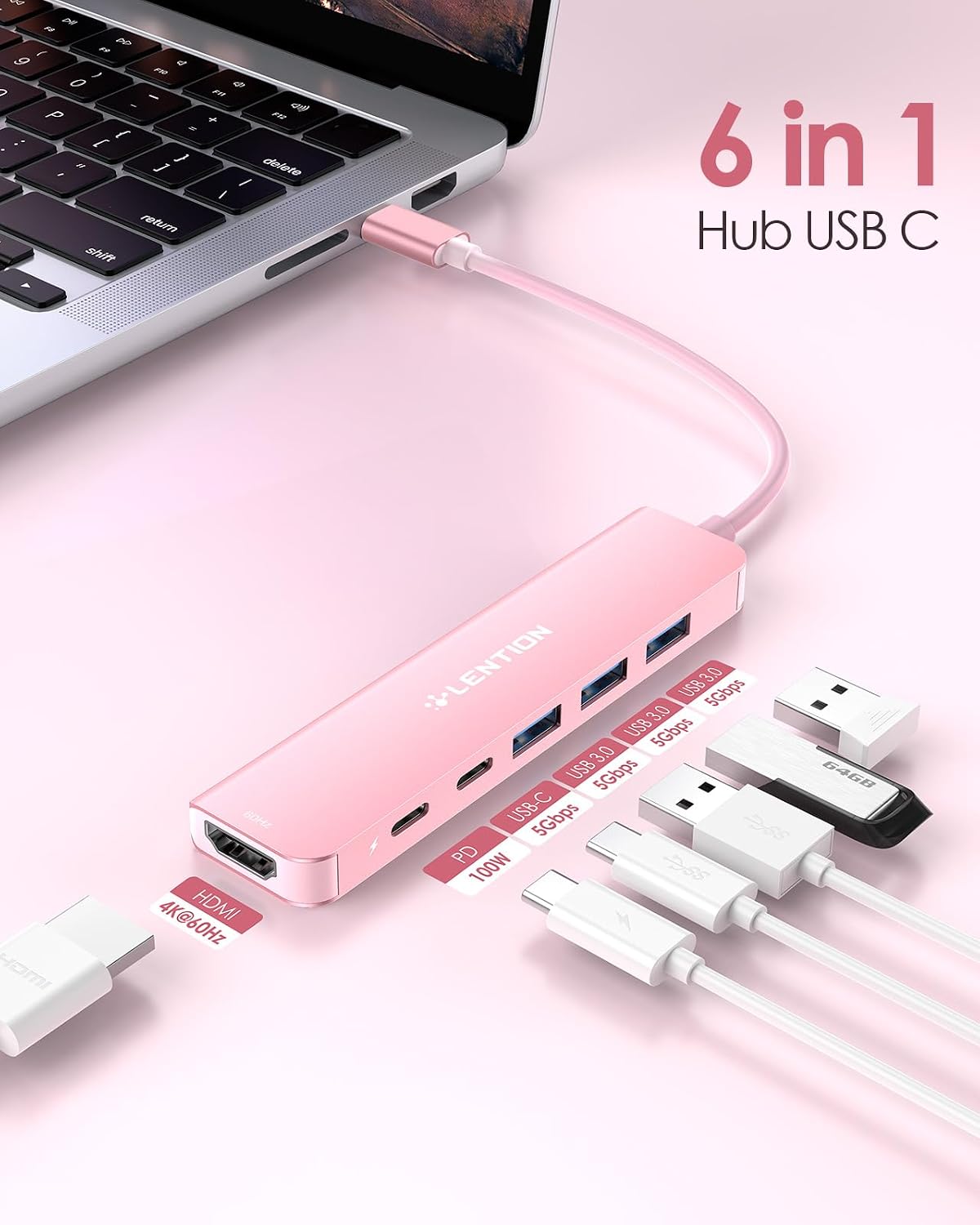Detalle 2 de LENTION hub USB C HDMI 4K 60Hz PD 100W
