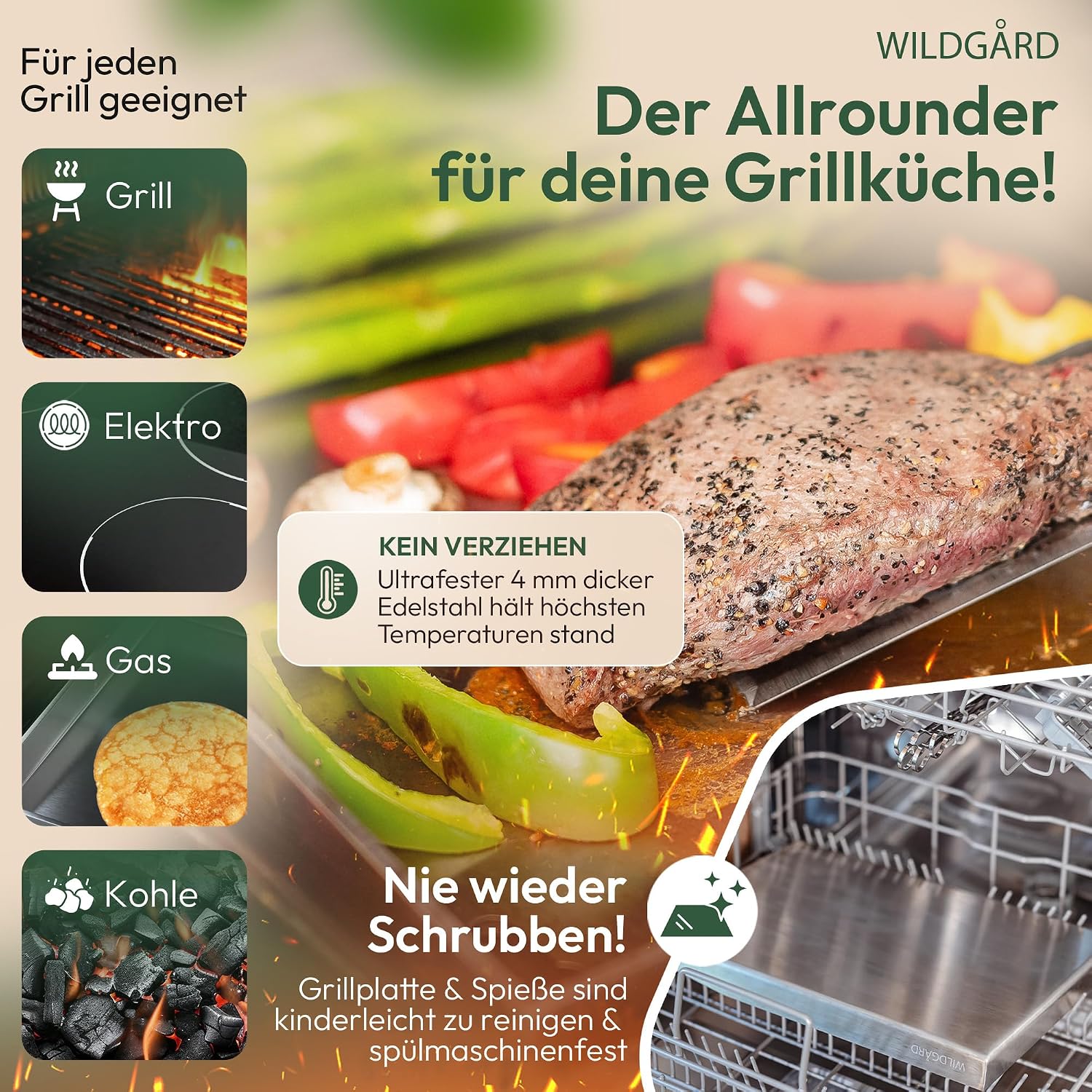 Detalle de WILDGÅRD Grillplatte Plancha 40 x 30 cm aus rostfreiem Edelstahl – inkl. 2 Grillspachtel & 5 Spieße