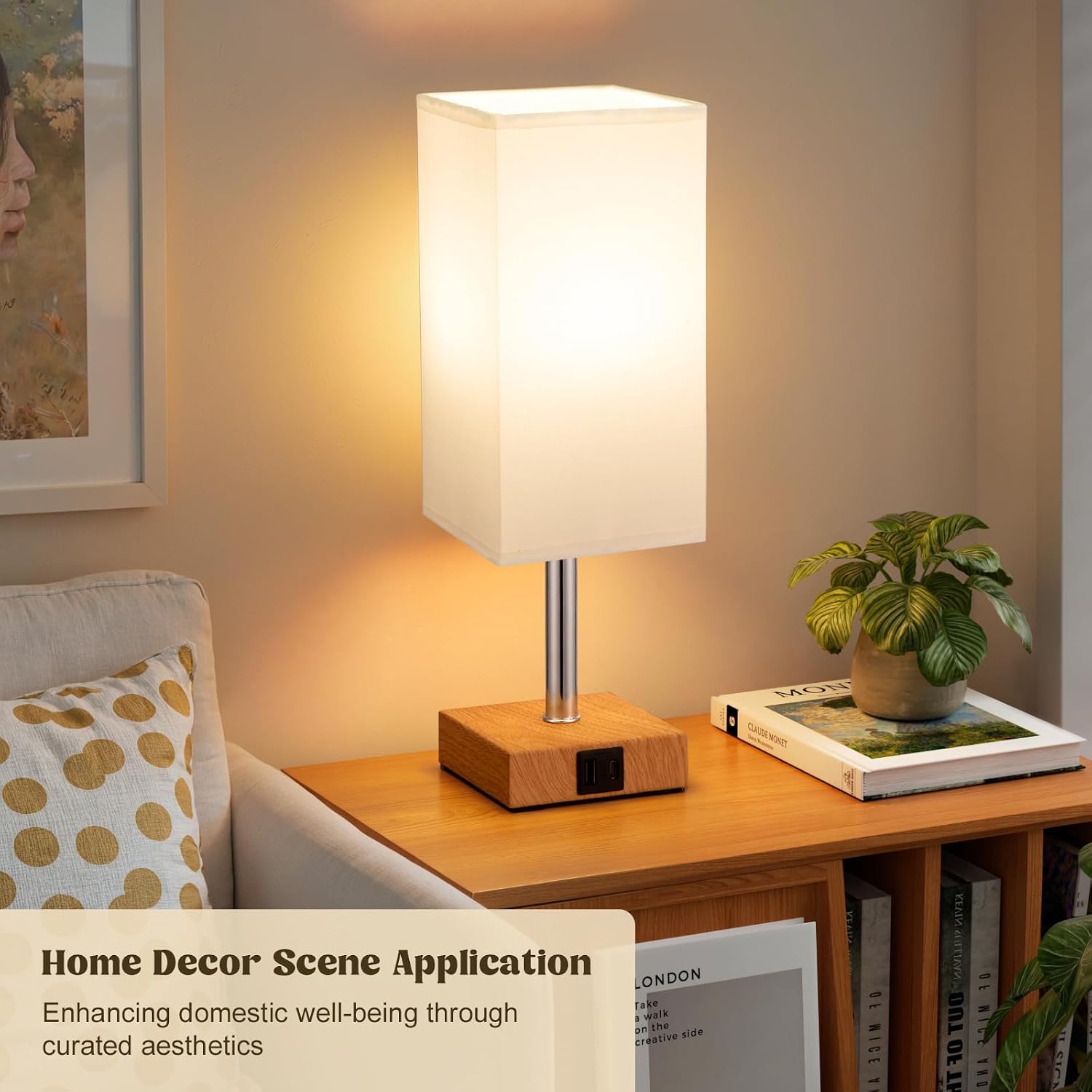 Detalle 2 de Aooshine White Bedside Lamp with Square Fabric Shade and USB Ports