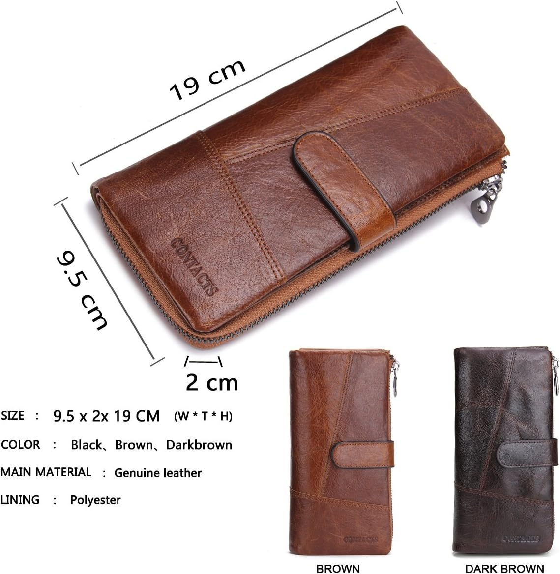 Detalle de Contacts Genuine Leather Long Wallet for Men – Zipper Purse with 12 Card Slots