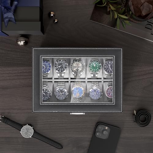 Detalle 2 de BEWISHOME Caja de Relojes ESSH04B: estuche con 20 compartimentos y tapa de cristal