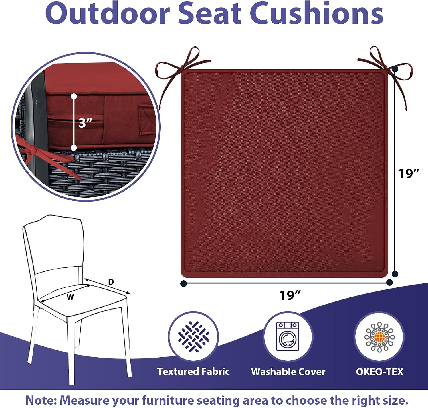 Detalle 2 de IPYNBAP Outdoor Chair Cushions 19 x 19, Set of 4, Burgundy, 3-Inch Foam