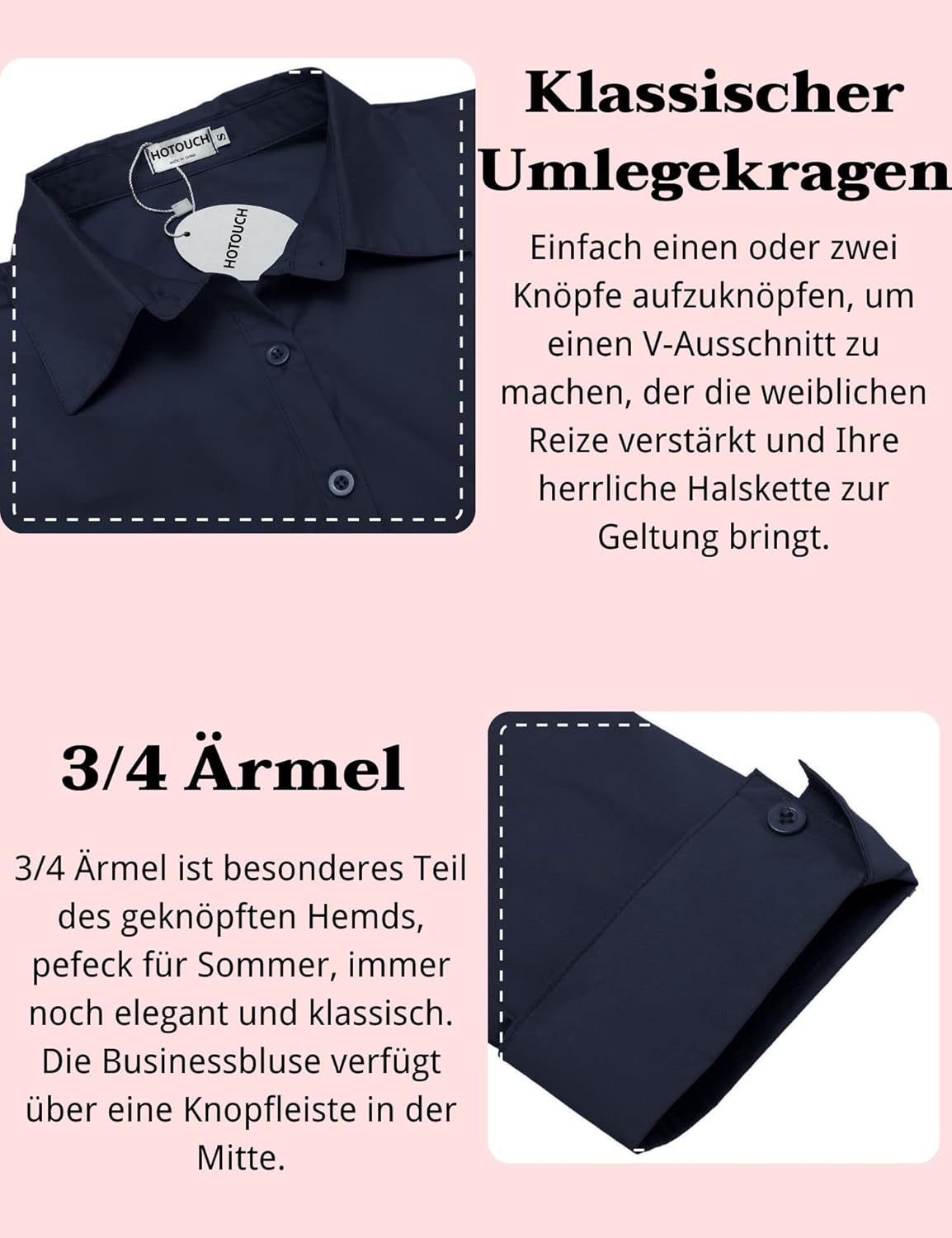 Thumbnail 4 de Hotouch Damenbluse mit 3/4-Ärmeln, Slim Fit und Baumwolle – Basic Hemdbluse mit V-Ausschnitt & Knopfleiste