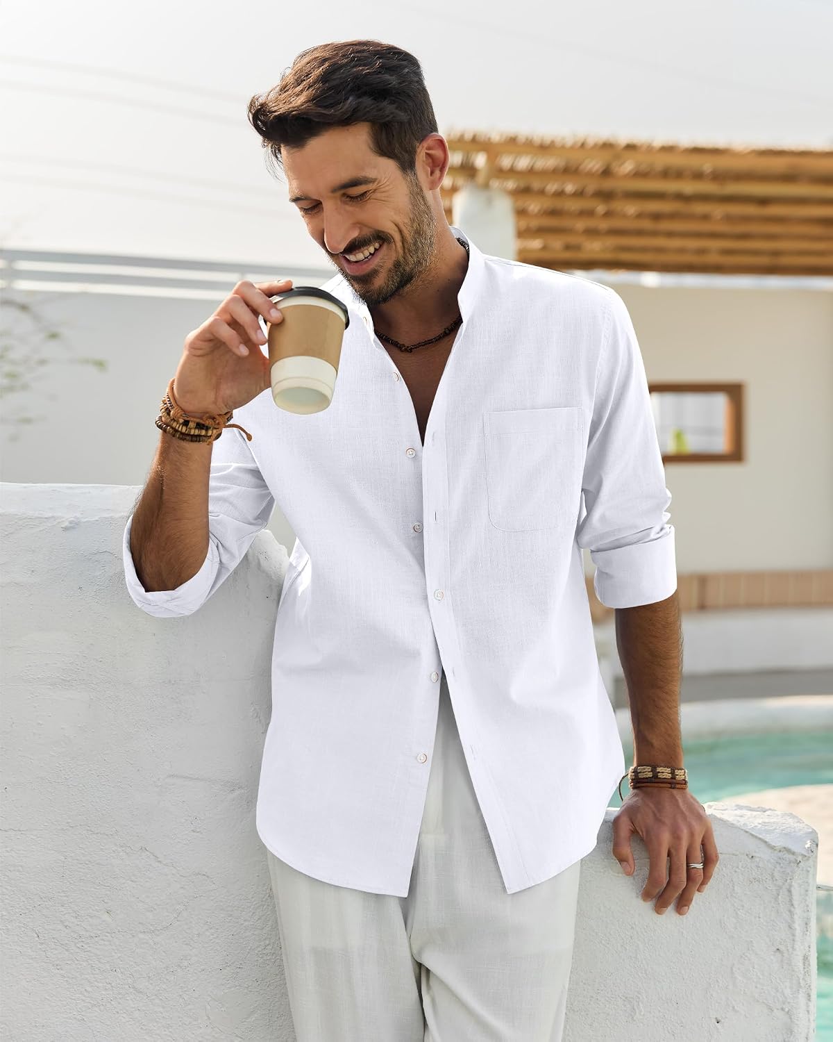 Thumbnail 2 de Siliteelon Men's Grandad Collar Long Sleeve Linen Shirt with Pocket – Regular Fit