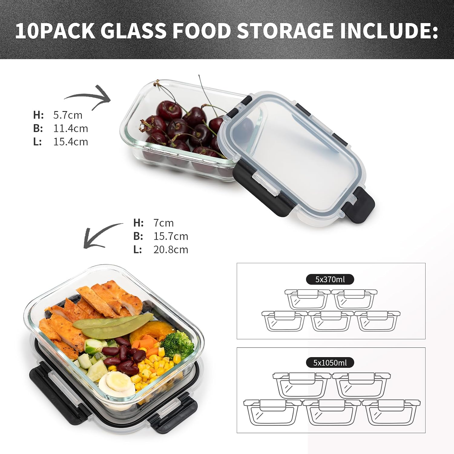 Detalle de S SALIENT 5-pack glass storage containers with lids (borosilicate), airtight & leakproof, BPA-free