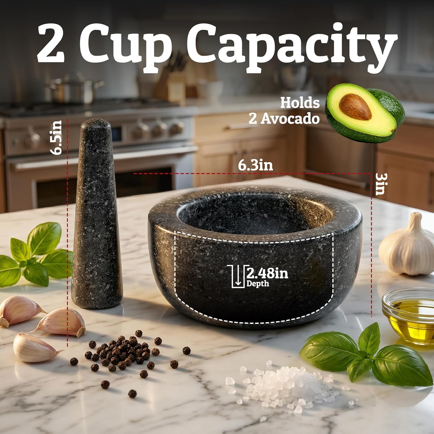 Detalle de PriorityChef Heavy Duty Large 2-Cup Granite Mortar and Pestle Set (Black) with Non Slip Base
