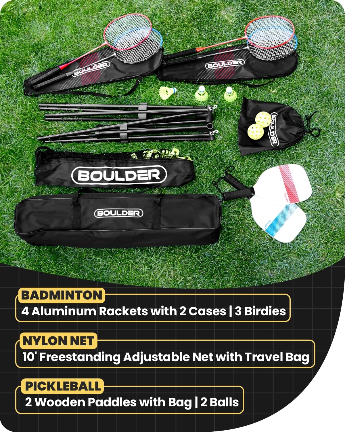 Detalle de Boulder Portable Badminton Pickleball Net with Foldable/Extendable Poles (Up to 5 ft) – All-in-One Backyard Sports Set