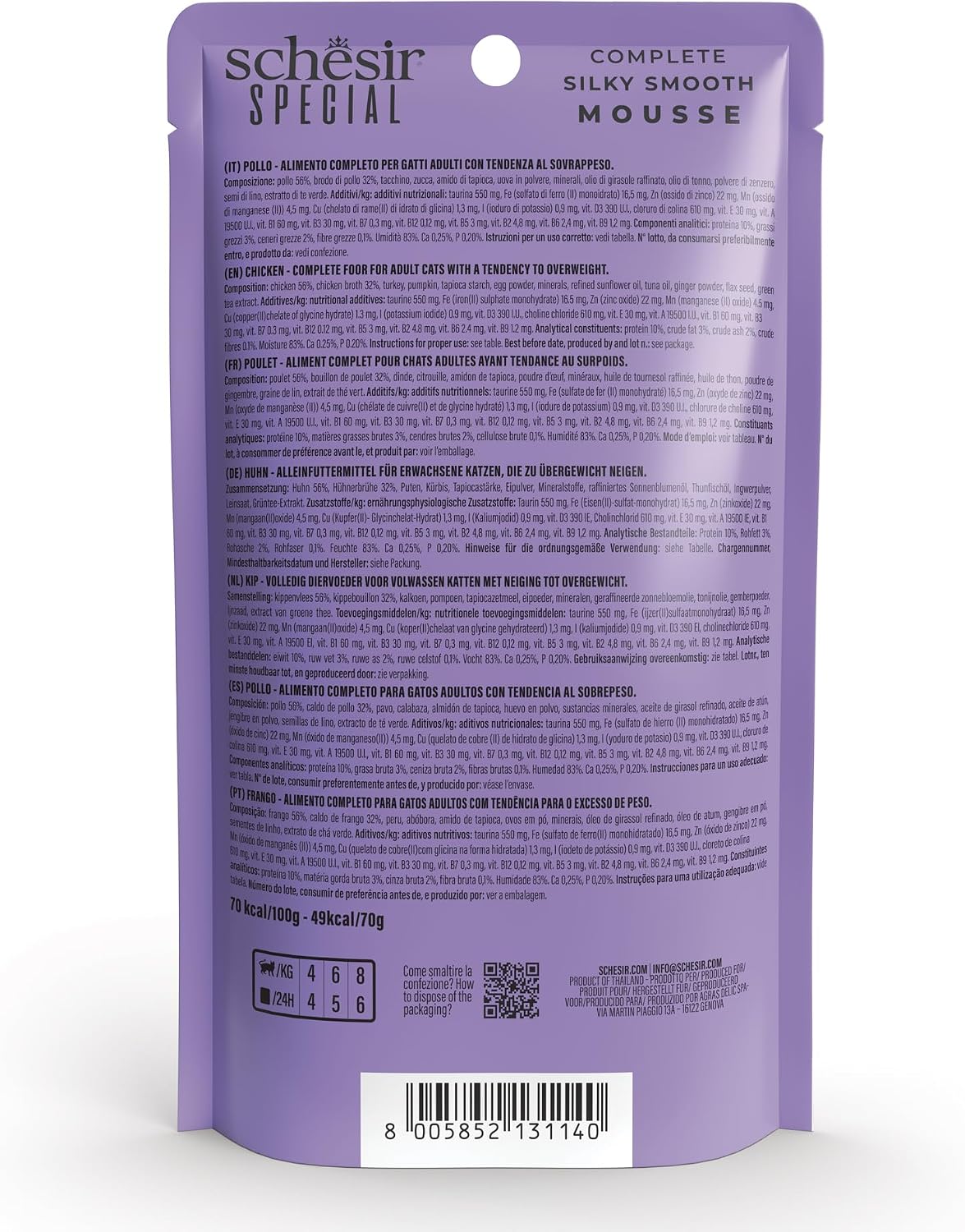 Detalle de Schesir Special Light Filetti di Pollo in Mousse per Gatti – Umido Grain Free, 12 x 70 g