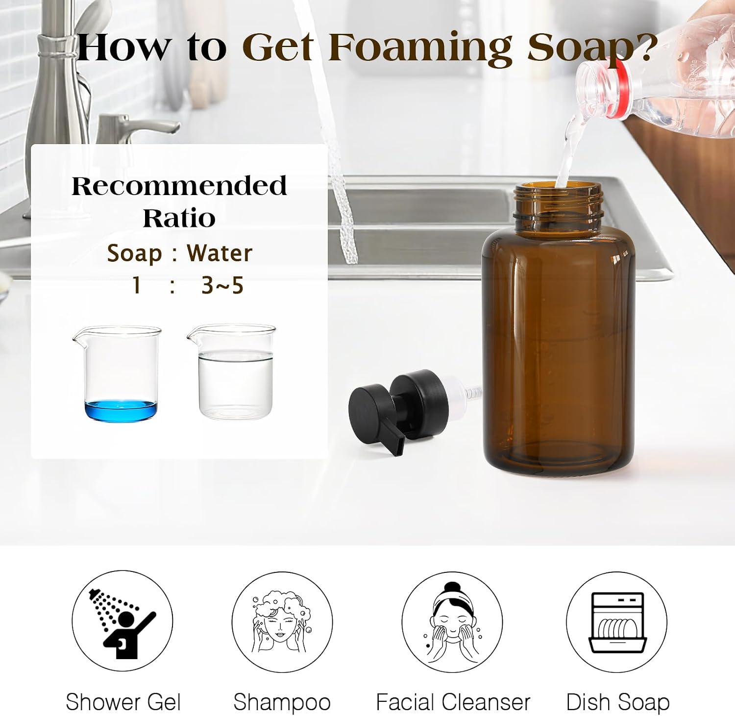 Detalle 2 de Luxspire 15 oz Amber Glass Foaming Soap Dispenser with Anti-Drip Pump