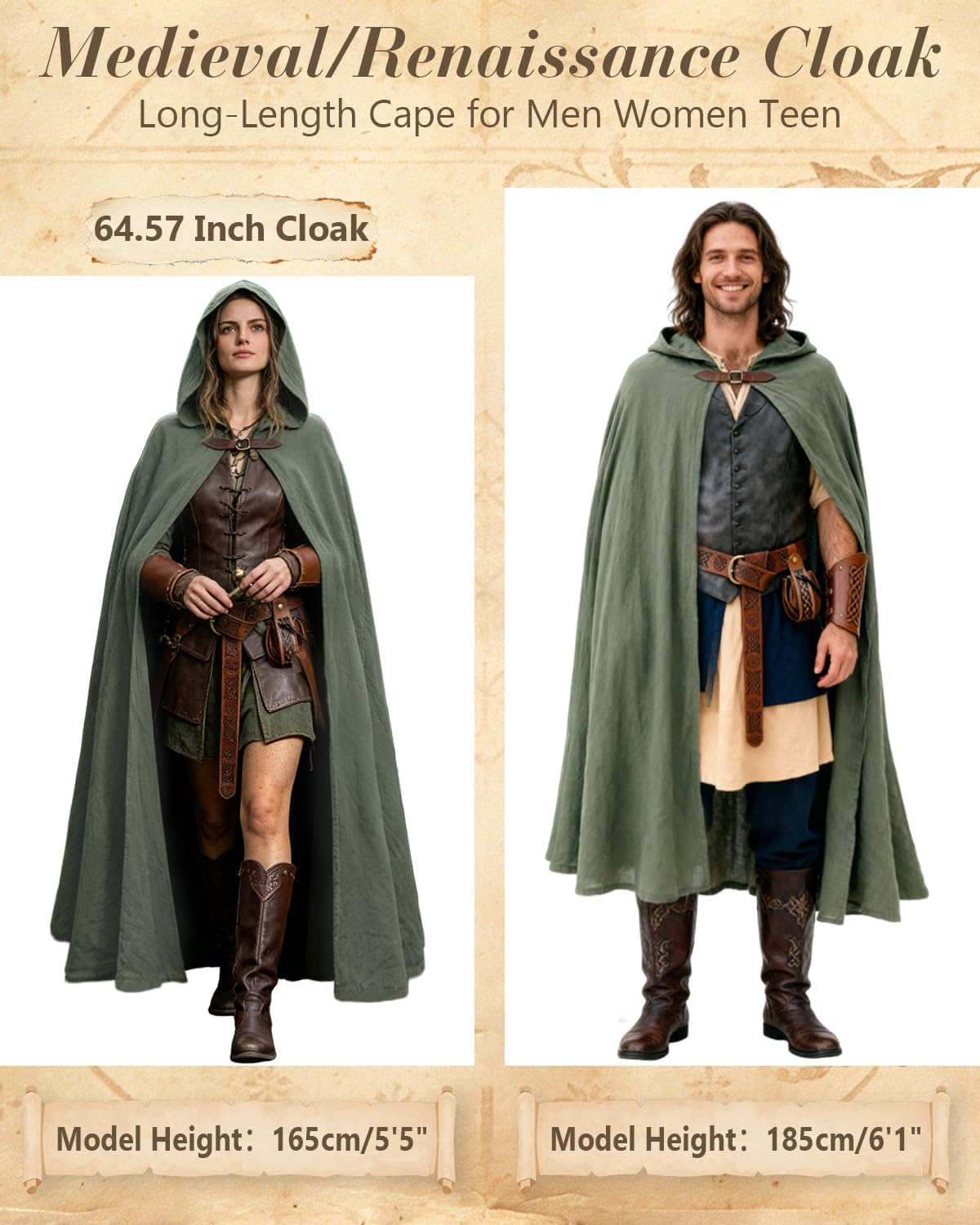 Detalle 1 de Kasahara Renaissance Hooded Cloak Costume Set with Belt, Pouch and Bracers