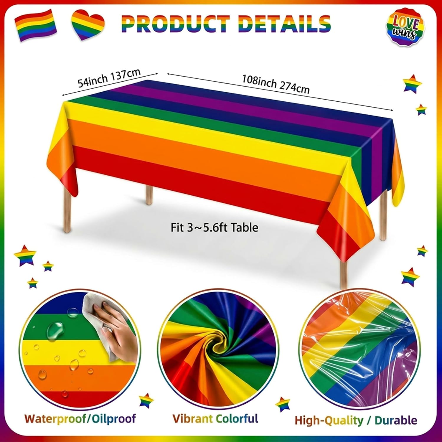 Detalle de Everglit Rainbow Stripe Disposable Tablecloth, 137 × 274 cm, 2-Pack