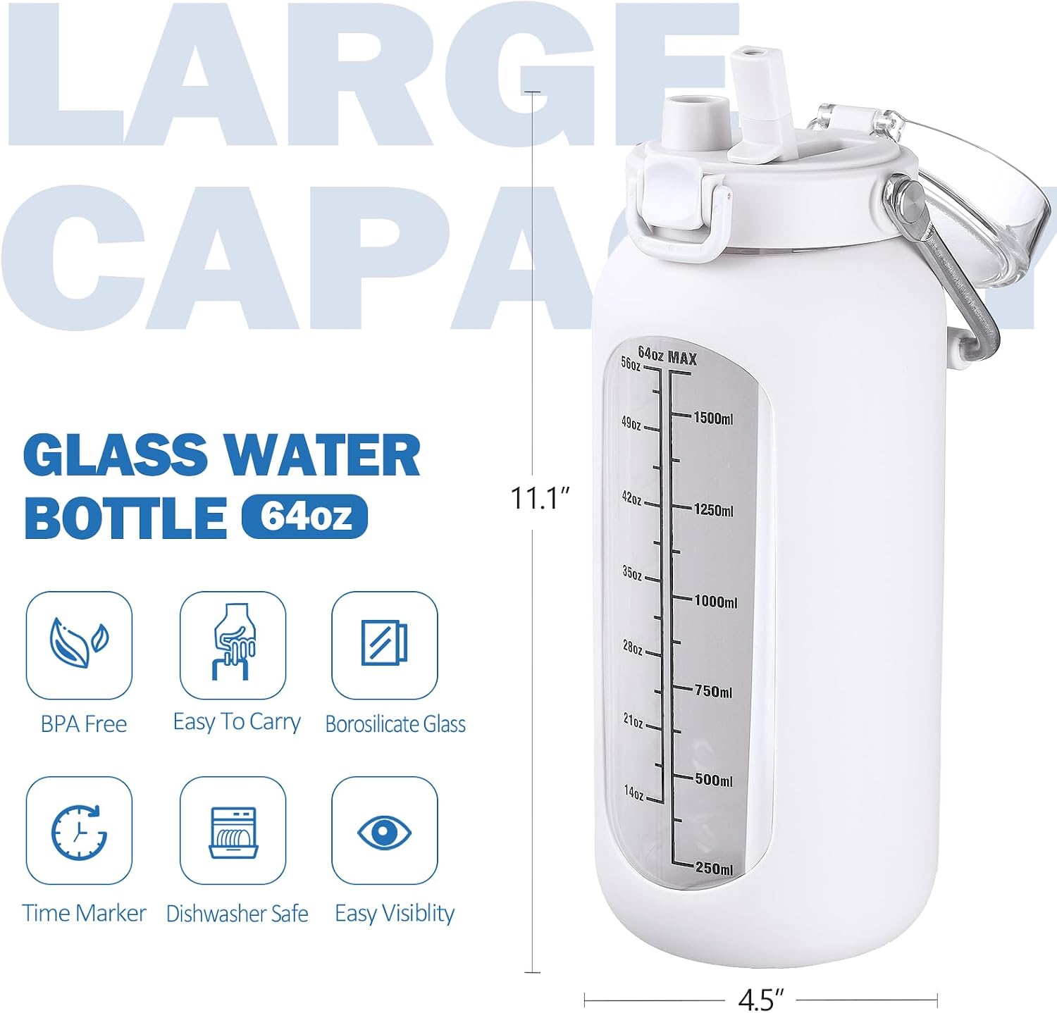 Detalle de BLUEGO BLG-64HL-White vattenflaska i borosilikatglas, 2 000 ml
