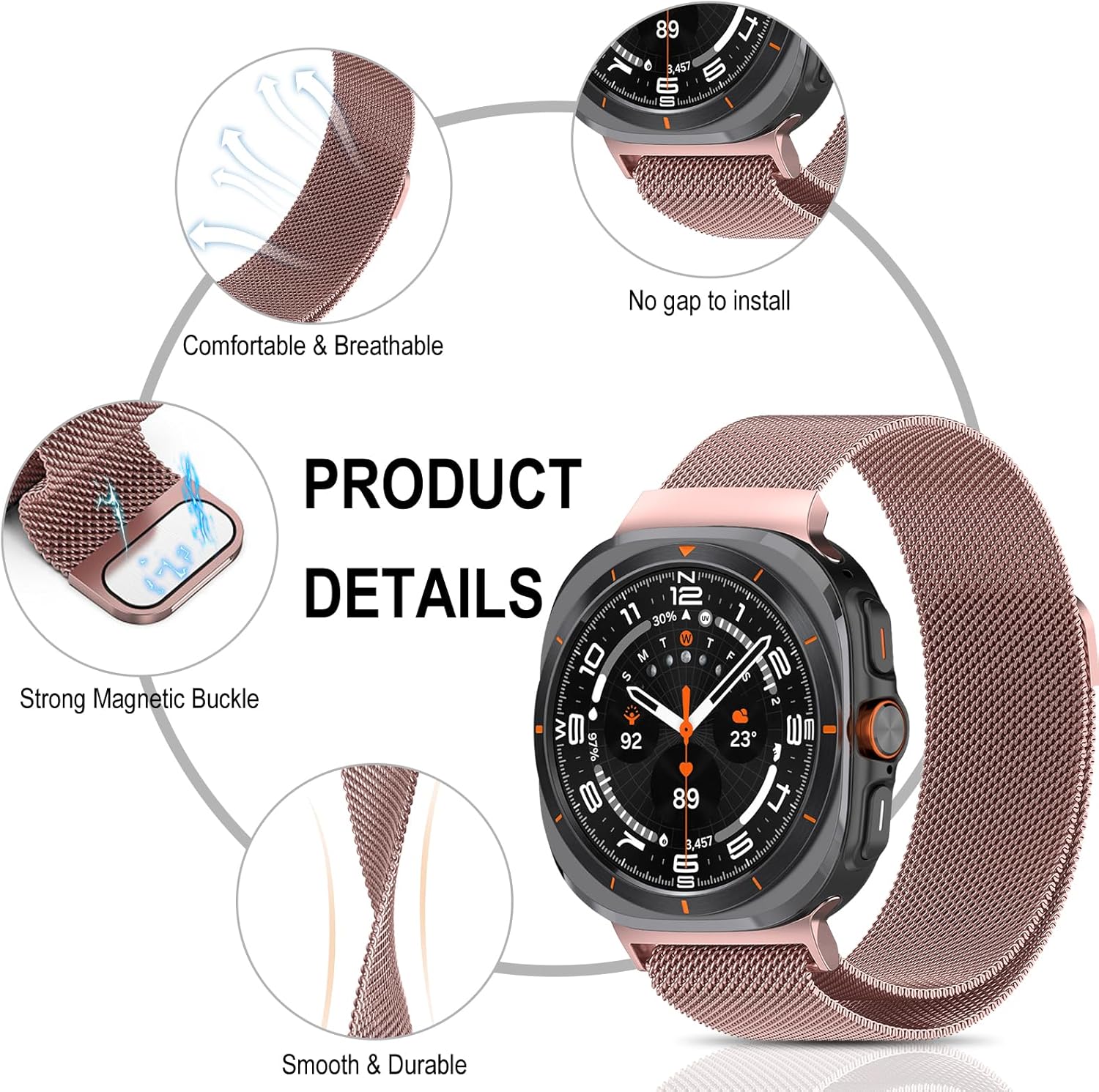 Detalle de SumRioo Armband für Galaxy Watch Ultra 47mm Rosa – Edelstahl Mesh mit Magnetverschluss, kompatibel mit Galaxy Watch Ultra 47mm (2024/2025)