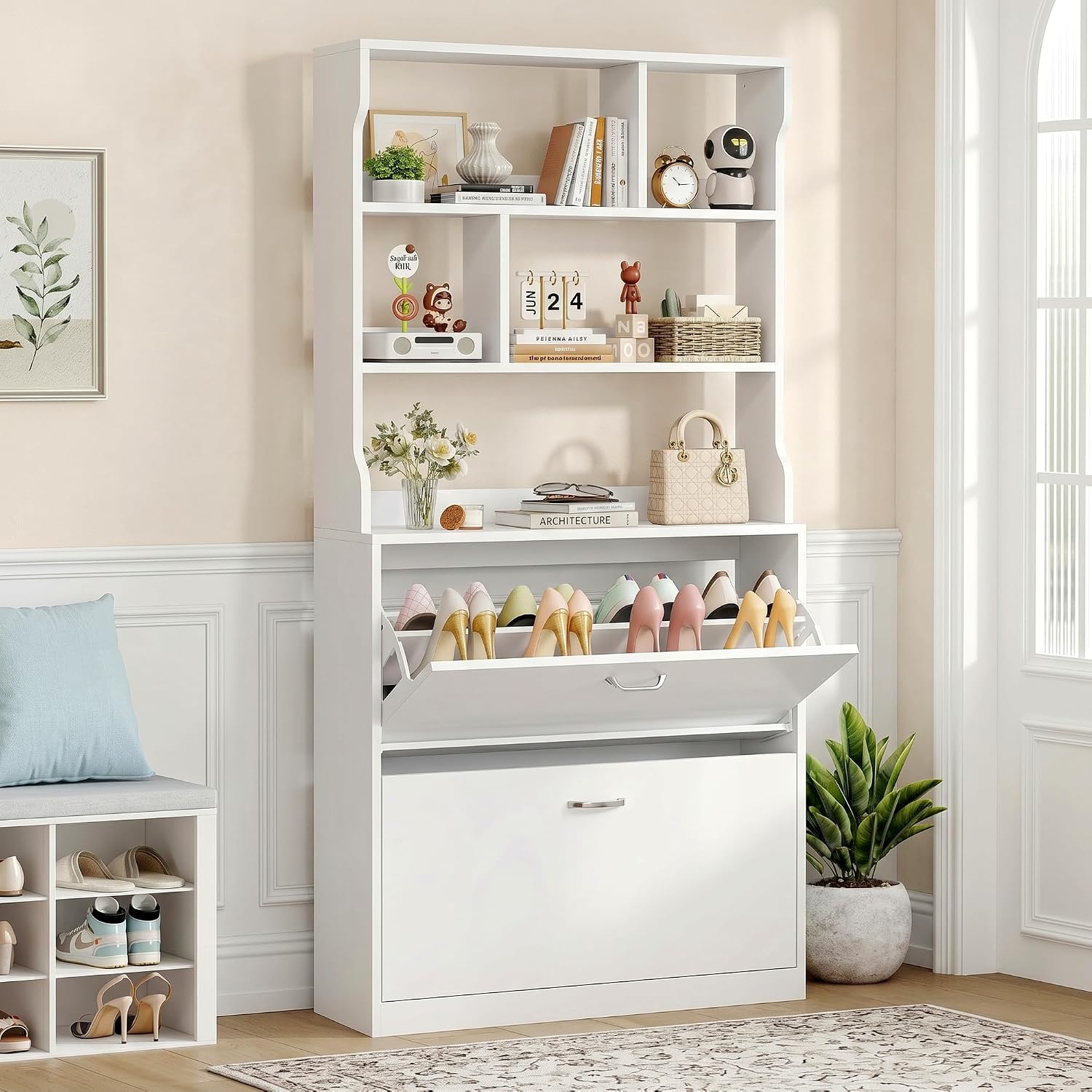 Thumbnail 1 de IRONCK Shoe Cabinet 2 Flip Drawers – Slim Freestanding Shoe Storage, 3-Tier Open Shelves, 80x24x165cm, White
