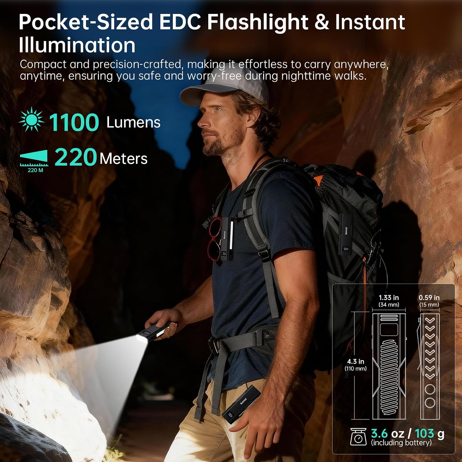 Detalle 2 de Banral EC2405 Rechargeable EDC Flashlight, 1,100 Lumens, Magnetic Base