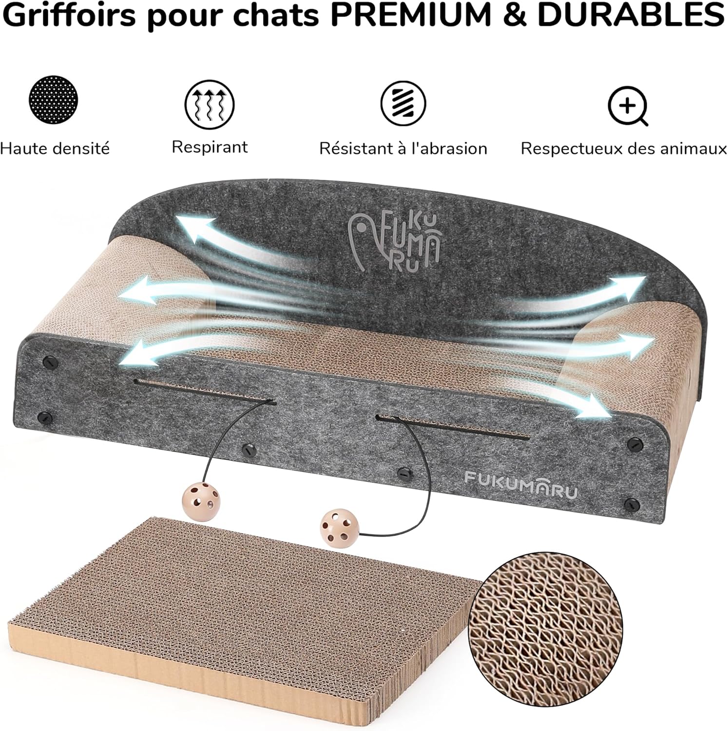 Thumbnail 2 de FUKUMARU Grattoir pour chat de 66 cm en carton recyclable – grande chaise longue, 2 griffoirs réversibles