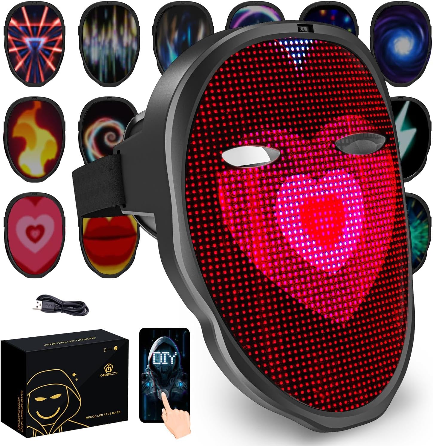 megoo LED Mask with Bluetooth – customisable programmable light-up mask for DJ, rave, cosplay & parties