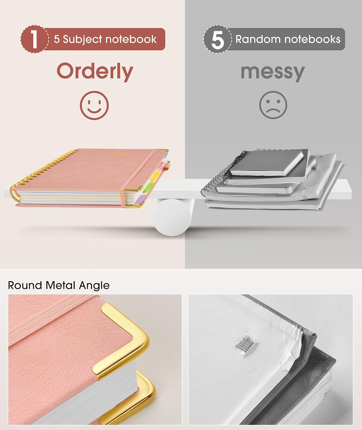 Detalle de dilitego Pink 5-Subject Spiral Notebook, 300 Pages, Removable Dividers