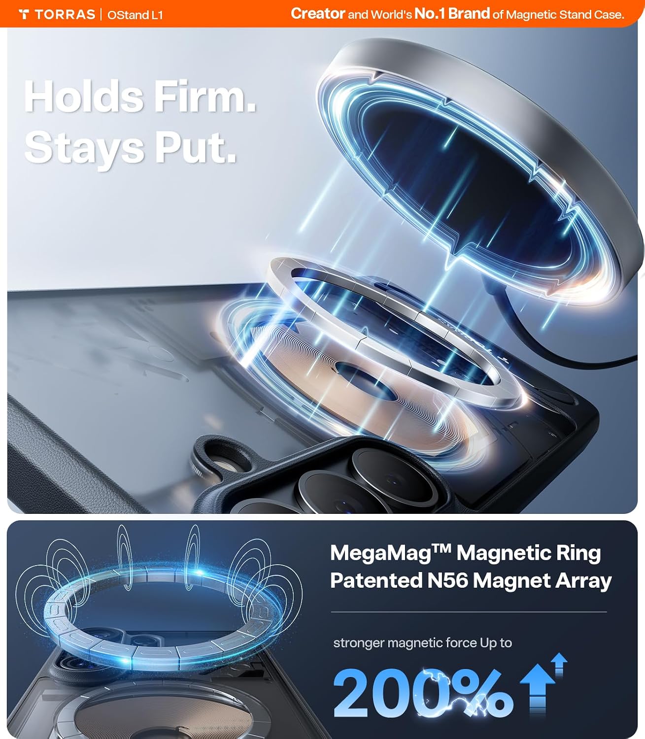 Detalle de TORRAS Ostand L1 Case for Samsung Galaxy S26 – Durable Titanium Stand, MagSafe Magnetic Ring & 360° Protection