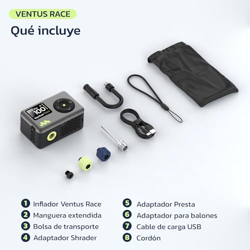 Thumbnail 8 de Woowind Ventus Race inflador eléctrico mini para bicicleta con manómetro, 120 PSI y válvulas Presta/Schrader