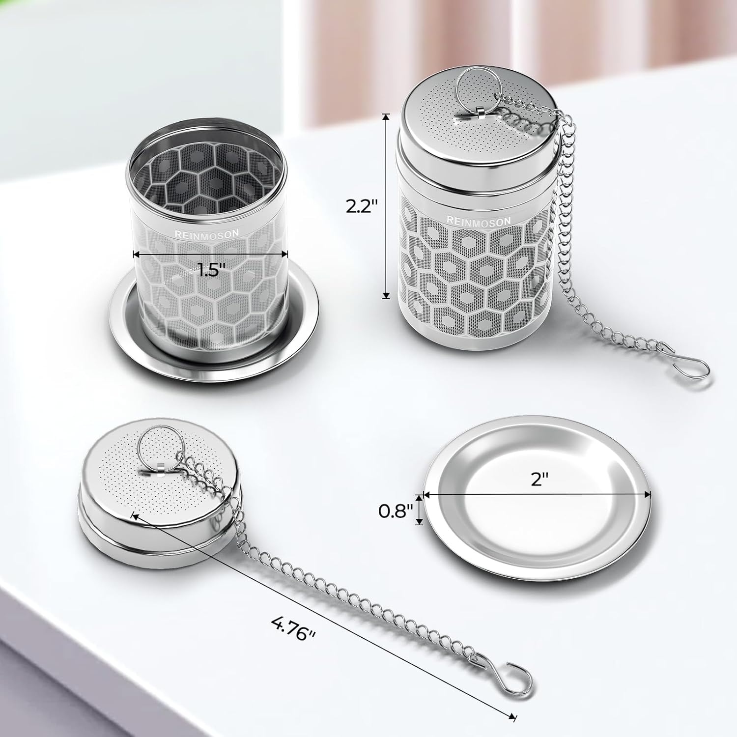 Detalle de Reinmoson 2-Pack Extra Fine Tea Strainers for Loose Tea (304 Stainless Steel, Slim Threaded Lid)