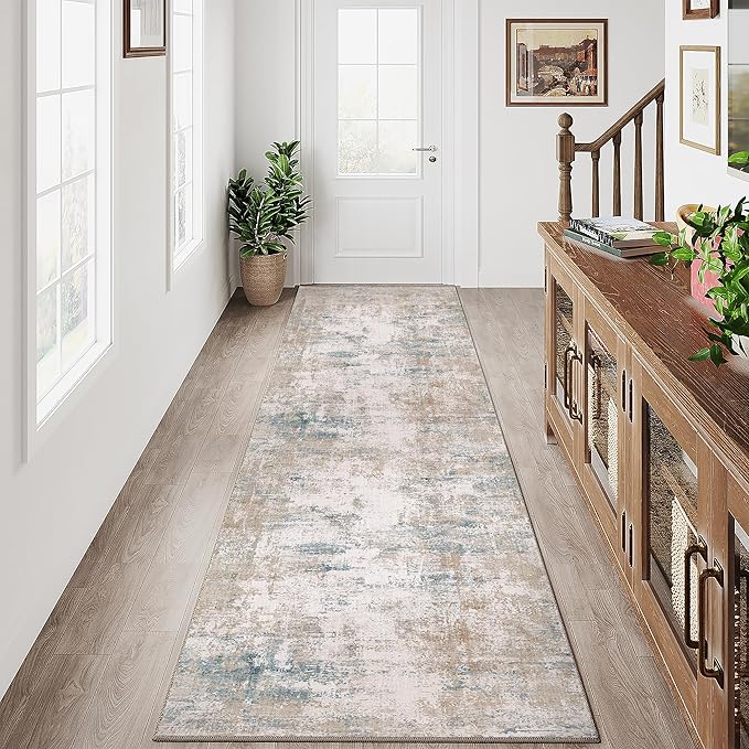 Detalle de HUGEAR Alfombra Pasillo 60x240 cm Beige/Azul 🏠 Antideslizante Lavable
