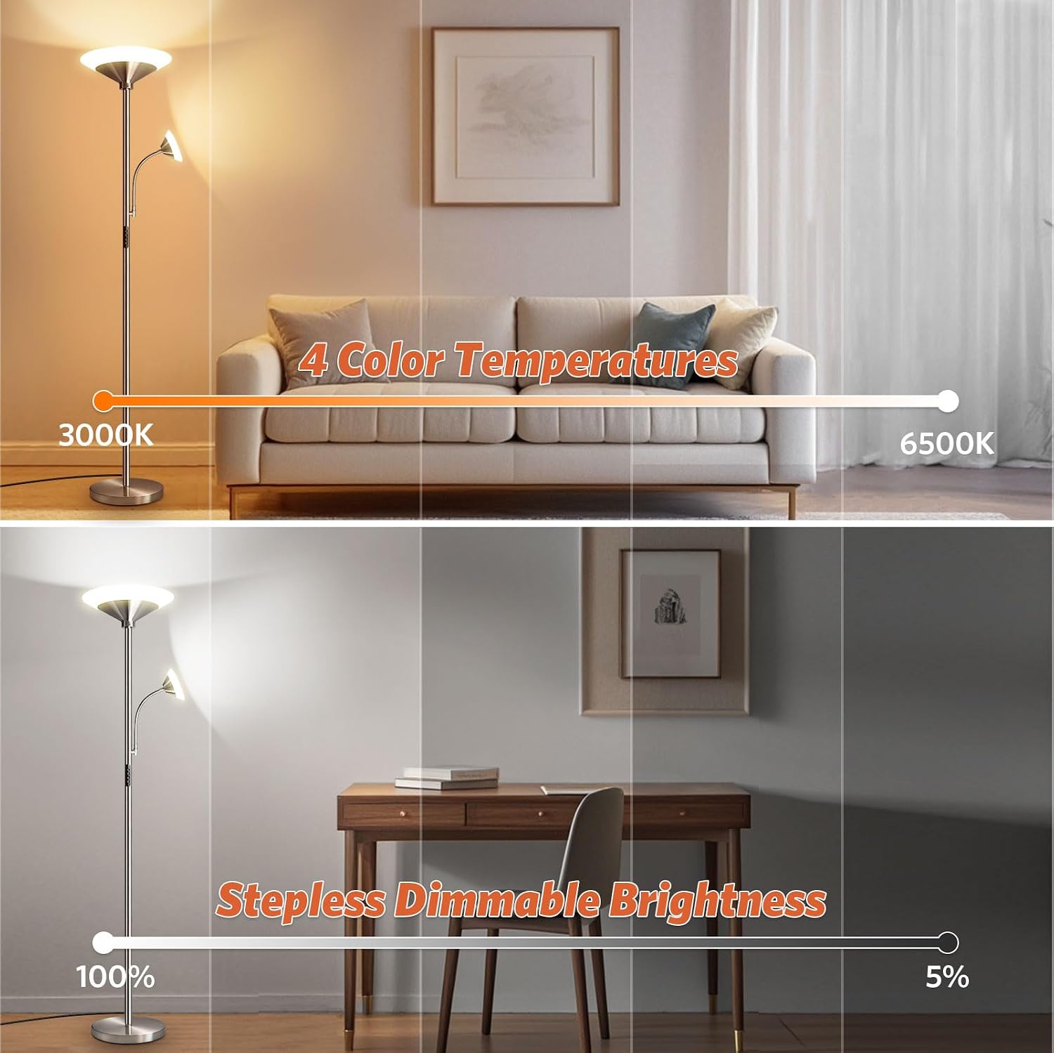 Detalle 2 de BBHome Stehlampe Wohnzimmer LED – 27W Deckenfluter mit 6W Leselampe, dimmbar (3000–6500 K) und Fernbedienung